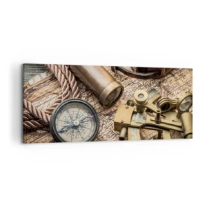 Cuadro sobre lienzo - Impresión de Imagen - Una brújula, un sextante y un telescopio sobre el fondo de un mapa antiguo y una cuerda náutica. - 120x50cm - Establecer un rumbo - Decoración de pared moderna para salón y dormitorio ARTTOR