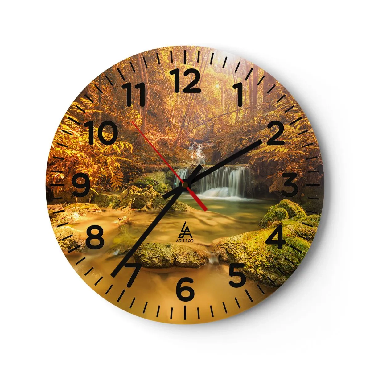 Reloj de pared - Reloj de vidrio - Cascada forestal en oro - 40x40 cm