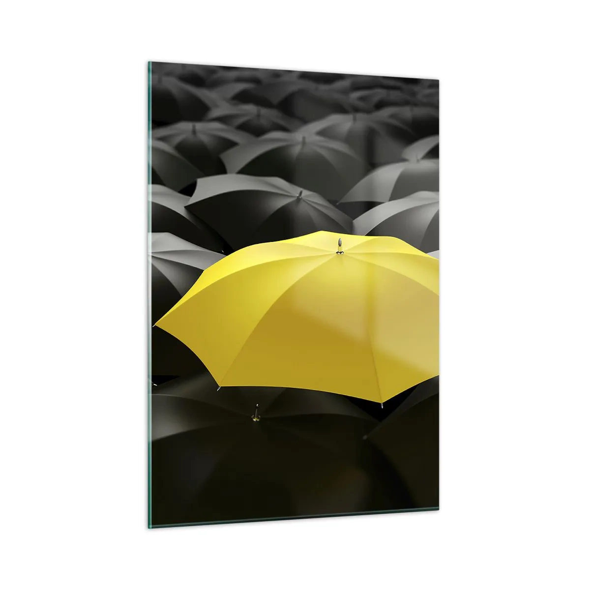 Cuadro sobre vidrio - Impresiones sobre Vidrio - Un paraguas amarillo que destaca entre los negros. - 50x70cm - Adiós a la tristeza - Decoración de pared moderna para salón y dormitorio ARTTOR