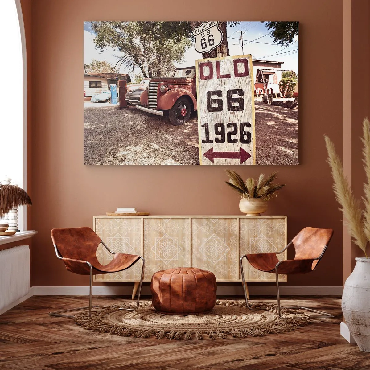 Cuadro sobre lienzo - Impresión de Imagen - Coche retro y cartel de la Ruta 66 en un entorno rústico - 120x80cm - Una leyenda de la América profunda - Decoración de pared moderna para salón y dormitorio ARTTOR