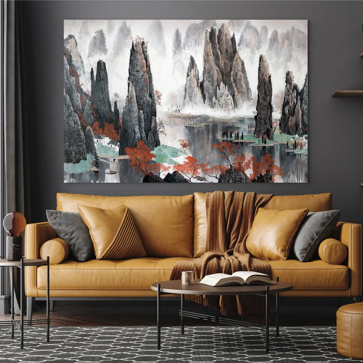 Cuadro sobre vidrio - Impresiones sobre Vidrio - Un pintoresco paisaje montañoso con picos brumosos y árboles rojos. - 70x50cm - Poderosos guardianes - Decoración de pared moderna para salón y dormitorio ARTTOR