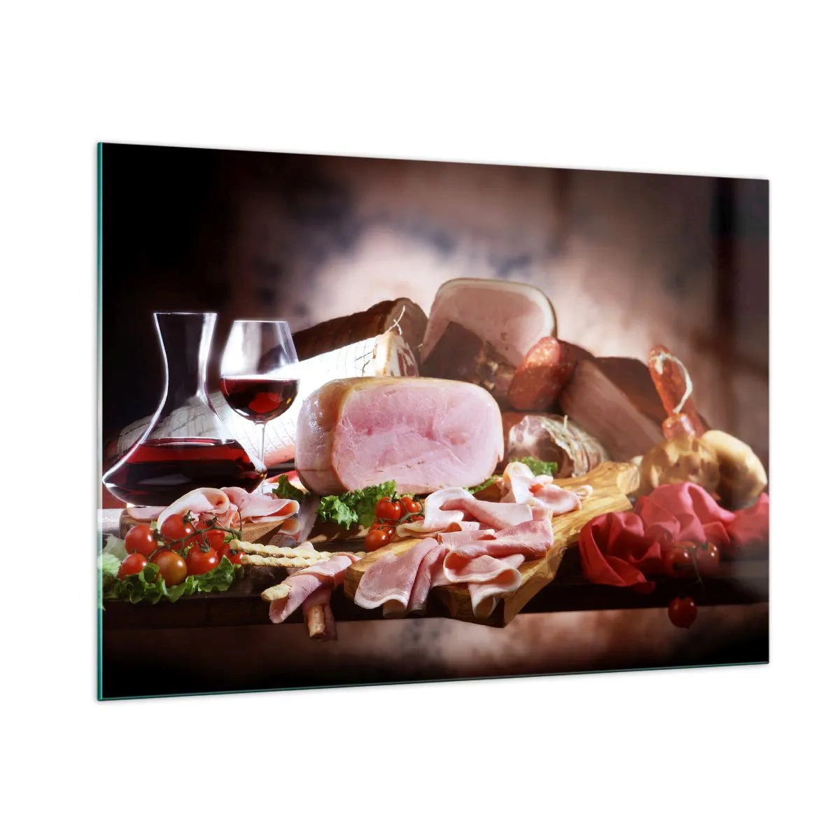 Cuadro sobre vidrio - Impresiones sobre Vidrio - Mesa de cocina con embutidos, vino y verduras frescas. - 100x70cm - Un sueño culinario  - Decoración de pared moderna para salón y dormitorio ARTTOR