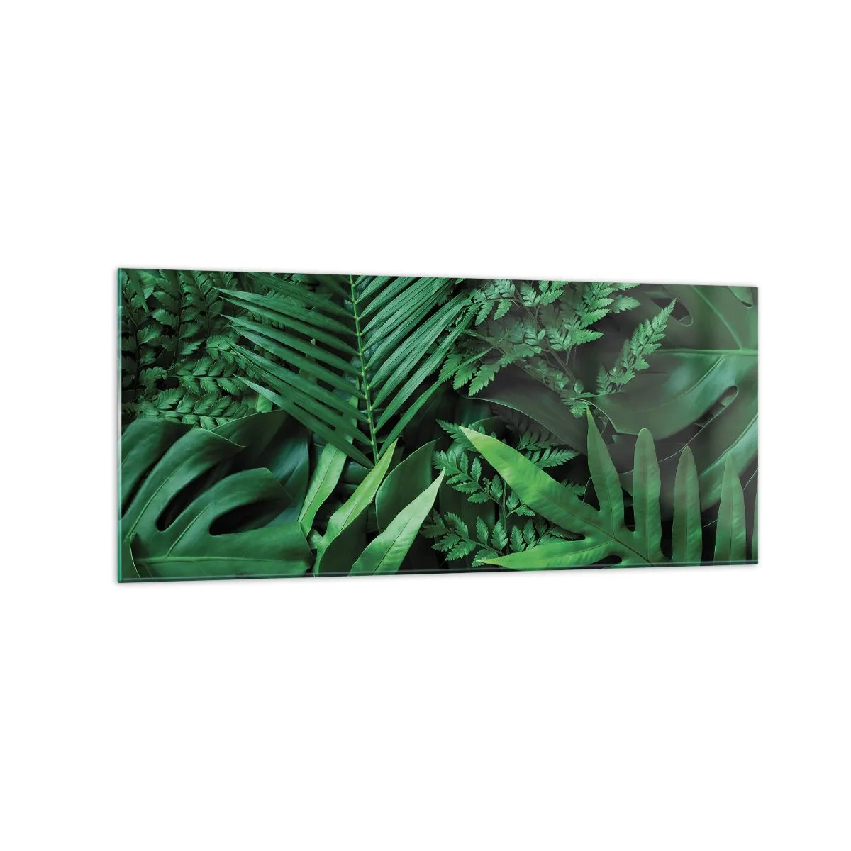 Cuadro sobre vidrio - Impresiones sobre Vidrio - Hojas tropicales verdes en una composición densa y natural. - 120x50cm - Abrazo verde - Decoración de pared moderna para salón y dormitorio ARTTOR