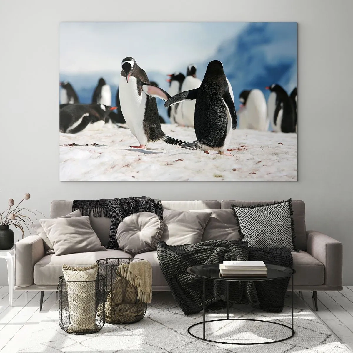 Cuadro sobre vidrio - Impresiones sobre Vidrio - Pingüinos en la nieve en un paisaje polar. - 100x70cm - Bailando en la nieve - Decoración de pared moderna para salón y dormitorio ARTTOR