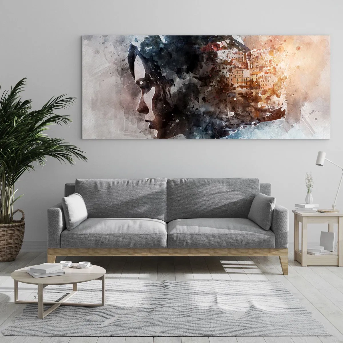 Cuadro sobre vidrio - Impresiones sobre Vidrio - Retrato de una mujer que combina su rostro con un paisaje urbano de fondo. - 160x50cm - Una historia sobre una niña con una ciudad de fondo - Decoración de pared moderna para salón y dormitorio ARTTOR
