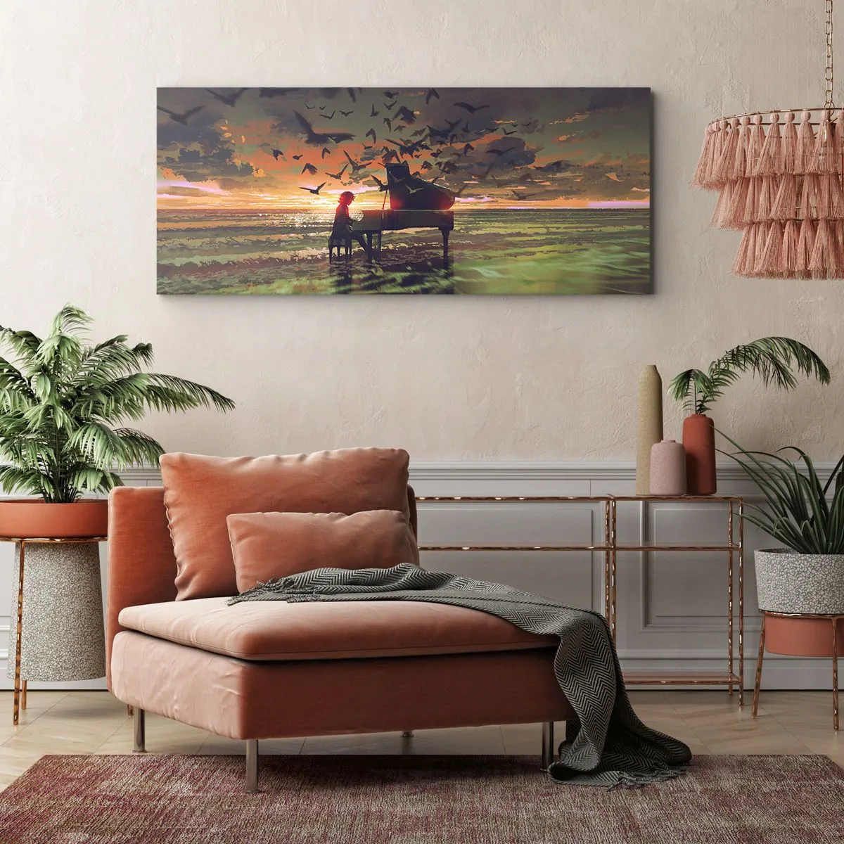 Cuadro sobre lienzo - Impresión de Imagen - Un piano en la orilla del mar al atardecer con pájaros. - 160x50cm - Concierto de piano y olas - Decoración de pared moderna para salón y dormitorio ARTTOR