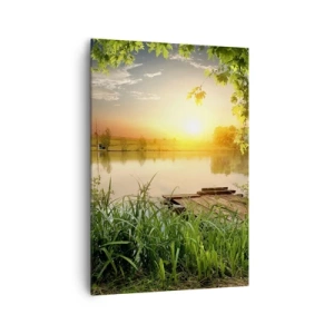 Cuadro sobre lienzo - Impresión de Imagen - Paisaje verde con un lago al atardecer - 70x100cm - Paisaje en un marco verde - Decoración de pared moderna para salón y dormitorio ARTTOR
