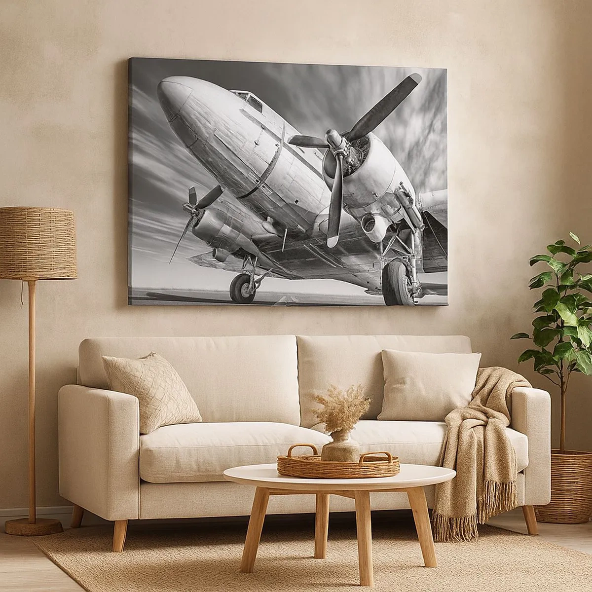 Cuadro sobre lienzo - Impresión de Imagen - Una imagen en blanco y negro de un avión clásico con detalles estructurales visibles. - 70x50cm - Siempre listo para volar - Decoración de pared moderna para salón y dormitorio ARTTOR
