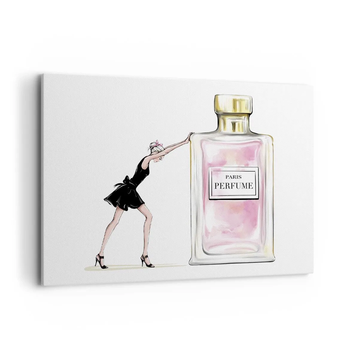 Cuadro sobre lienzo - Impresión de Imagen - Una mujer con un vestido negro junto a un frasco de perfume. - 100x70cm - La esencia de la feminidad - Decoración de pared moderna para salón y dormitorio ARTTOR