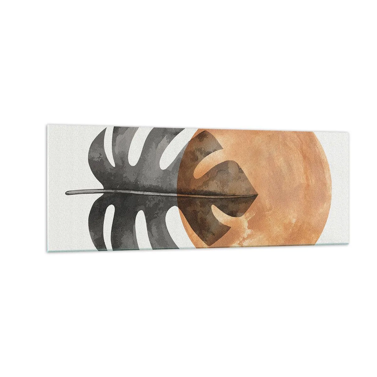 Cuadro sobre vidrio - Impresiones sobre Vidrio - Hoja de monstera y círculo dorado sobre un fondo claro - 140x50cm - Siempre el sol - Decoración de pared moderna para salón y dormitorio ARTTOR