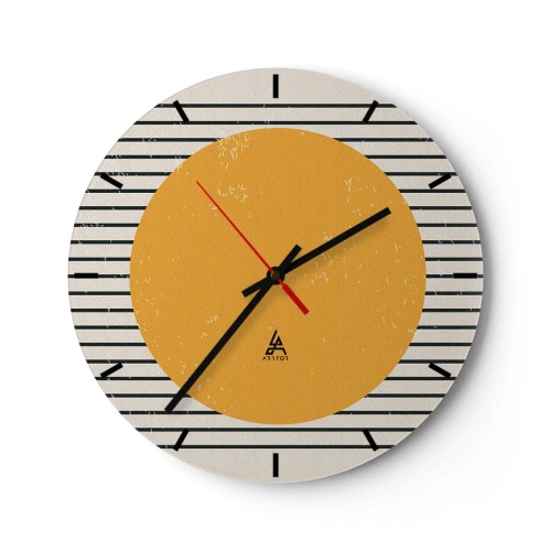 Reloj de pared - Reloj de vidrio - Un círculo naranja sobre un fondo de rayas blancas y negras. - 30x30cm - El poder de la sencillez - Decoración de pared moderna para salón, cocina y dormitorio ARTTOR