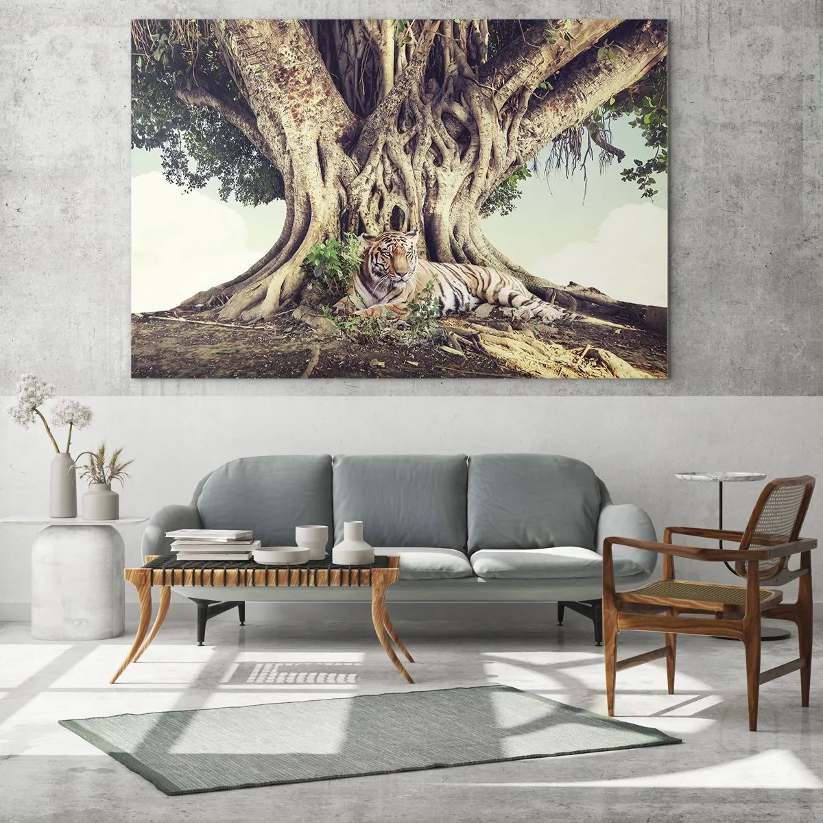 Cuadro sobre vidrio - Impresiones sobre Vidrio - Un tigre tumbado bajo un árbol extendido en la jungla. - 100x70cm - Una visión desde el Génesis - Decoración de pared moderna para salón y dormitorio ARTTOR