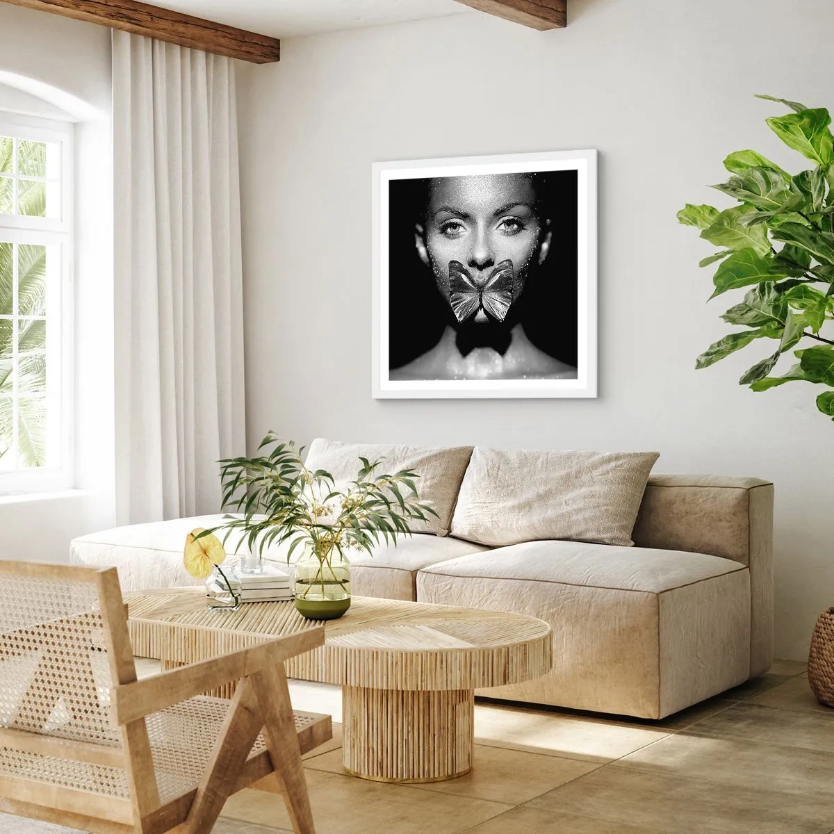 Póster en marco blanco - Beso de mariposa - 60x60 cm
