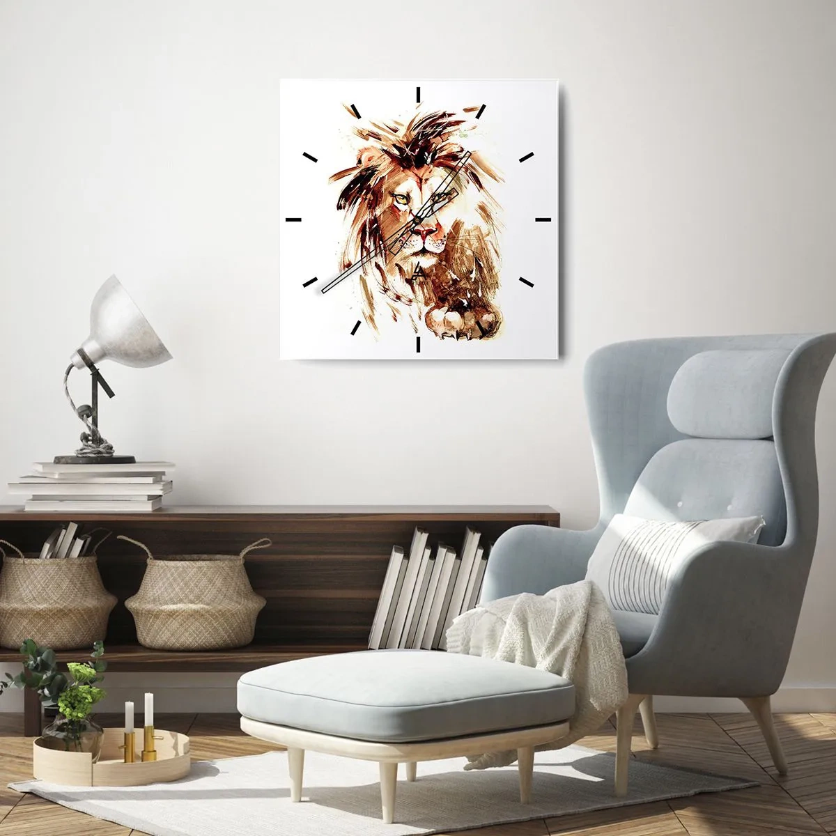 Reloj de pared - Reloj de vidrio - Retrato en acuarela de un león con intensos detalles. - 30x30cm - Fuerza y dignidad - Decoración de pared moderna para salón y dormitorio ARTTOR