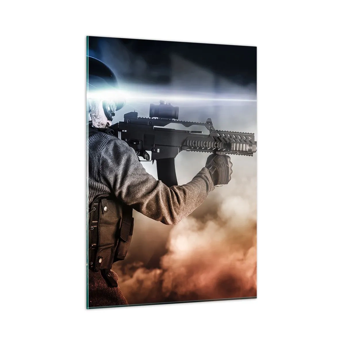 Cuadro sobre vidrio - Impresiones sobre Vidrio - Un soldado en acción disparando un rifle contra un fondo de humo. - 50x70cm - Luchador - Decoración de pared moderna para salón y dormitorio ARTTOR