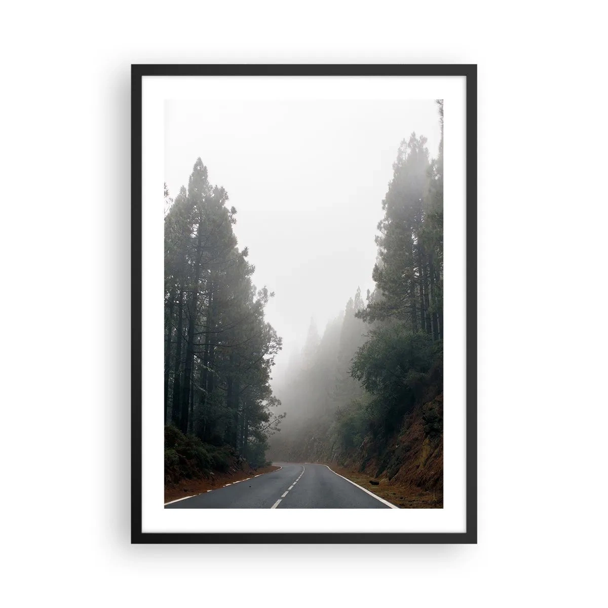 Póster en marco negro - Un camino sinuoso entre árboles envueltos en niebla. - 50x70cm - La historia de un bosque mágico - Decoración de pared moderna para salón y dormitorio ARTTOR