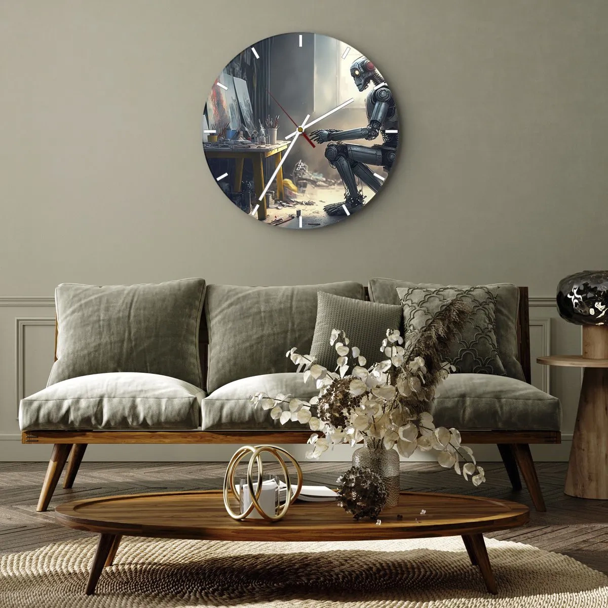 Reloj de pared - Reloj de vidrio - Un robot en una mesa de pintura en un estudio de arte. - 30x30cm - El acto de creación - Decoración de pared moderna para salón, cocina y dormitorio ARTTOR