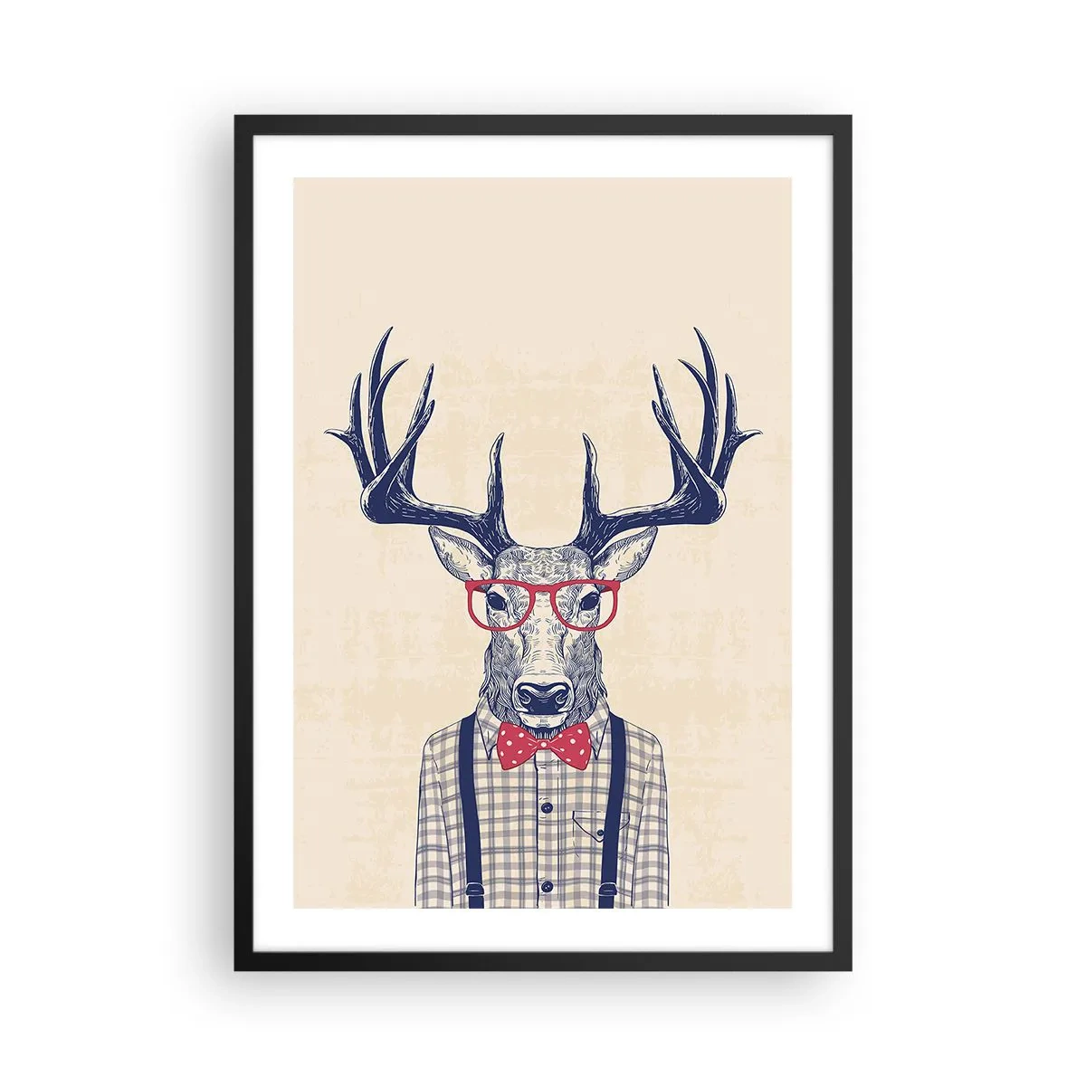 Póster en marco negro - Ciervo elegante con gafas y pajarita sobre un fondo beige. - 50x70cm - Una extravagancia lúdica - Decoración de pared moderna para salón y dormitorio ARTTOR
