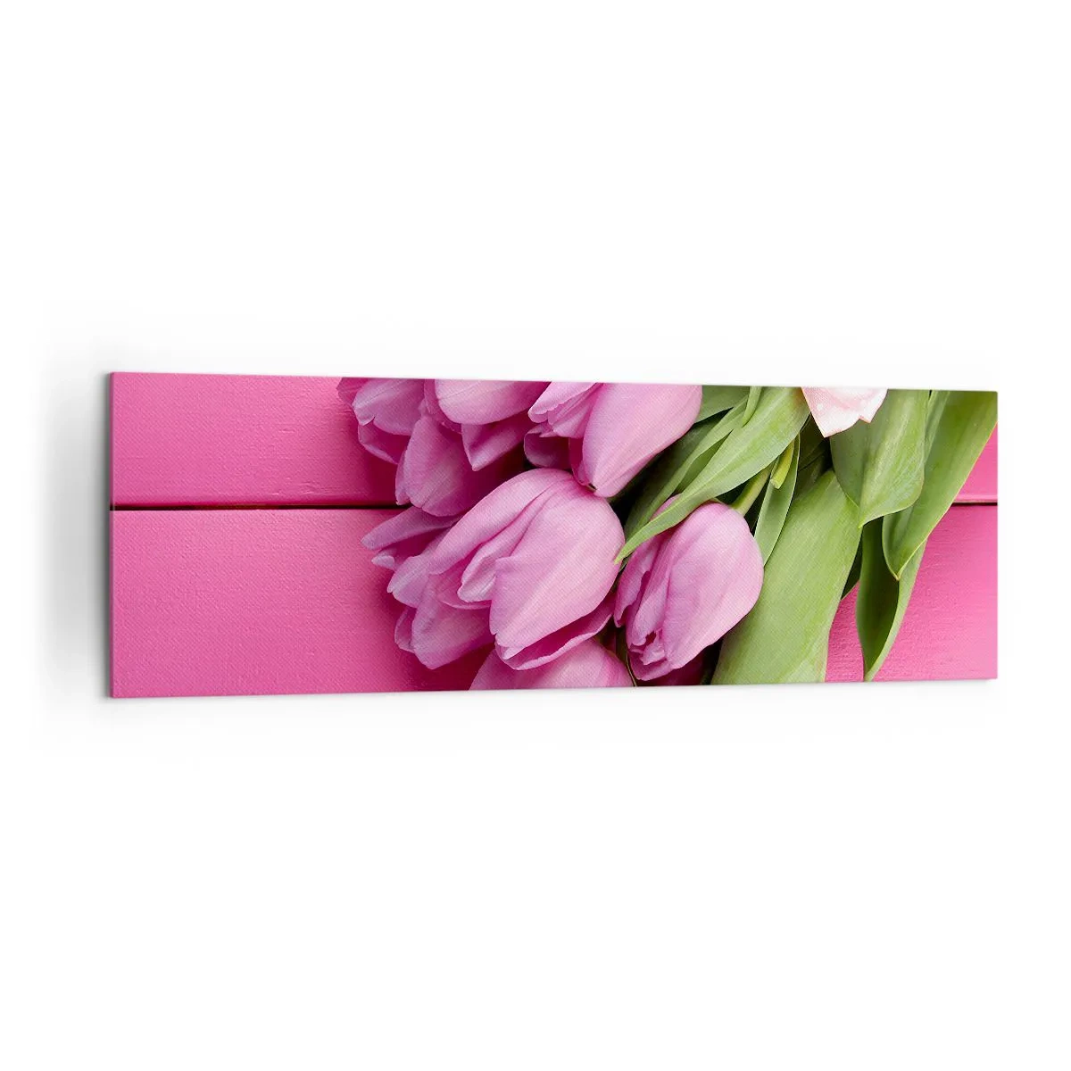 Cuadro sobre lienzo - Impresión de Imagen - Un ramo de tulipanes rosas con un lazo sobre un fondo rosa. - 160x50cm - Solo para ti - Decoración de pared moderna para salón y dormitorio ARTTOR