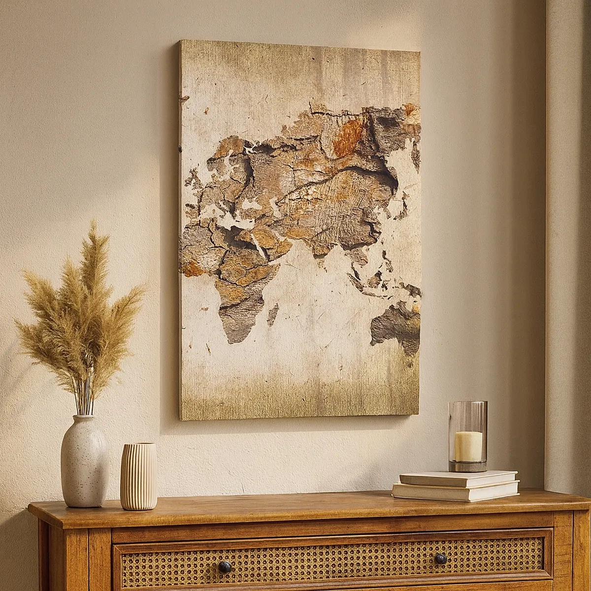 Cuadro sobre lienzo - Impresión de Imagen - Un mapa del mundo en estilo rústico de madera. - 50x70cm - El descubrimiento del mundo - Decoración de pared moderna para salón y dormitorio ARTTOR