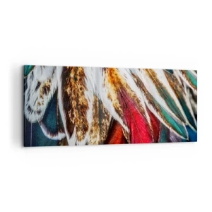 Cuadro sobre lienzo - Impresión de Imagen - Primer plano de plumas multicolores en colores vibrantes e intensos. - 120x50cm - Los misterios del vuelo - Decoración de pared moderna para salón y dormitorio ARTTOR