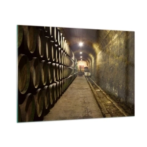 Cuadro sobre vidrio - Impresiones sobre Vidrio - Bodega con hileras de barricas - 100x70cm - El placer  - Decoración de pared moderna para salón y dormitorio ARTTOR