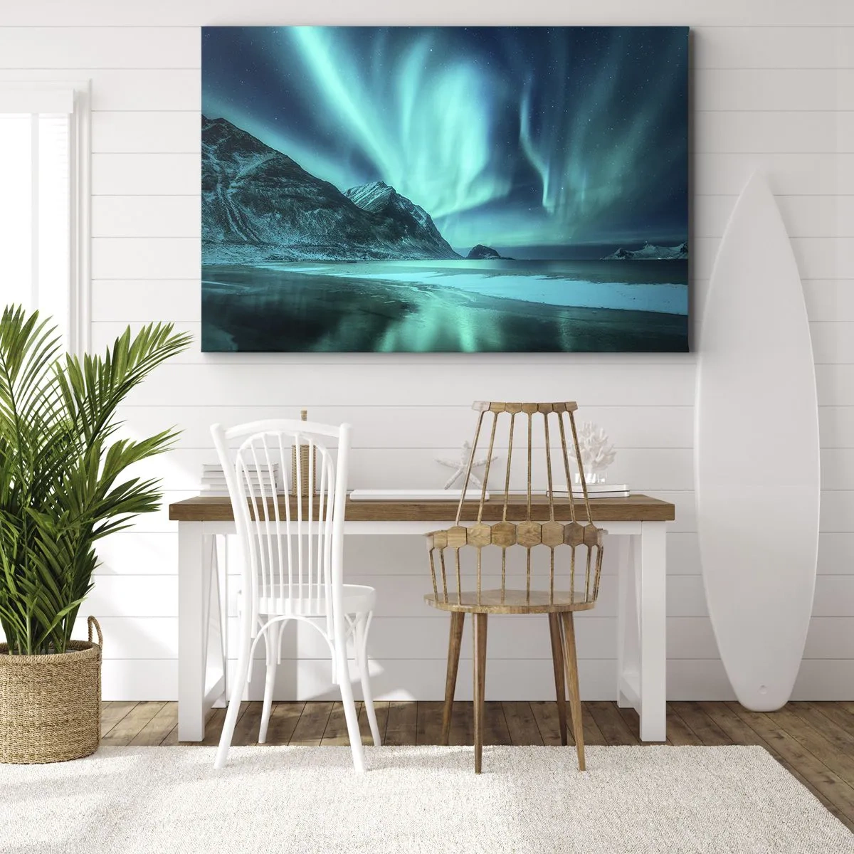 Cuadro sobre lienzo - Impresión de Imagen - Aurora boreal sobre un paisaje invernal montañoso - 100x70cm - Maravillas del norte - Decoración de pared moderna para salón y dormitorio ARTTOR