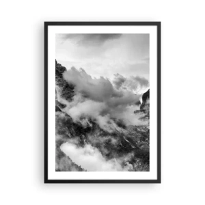 Póster en marco negro - Paisaje de montaña en blanco y negro con nubes - 50x70cm - Hermoso y cruel - Decoración de pared moderna para salón y dormitorio ARTTOR
