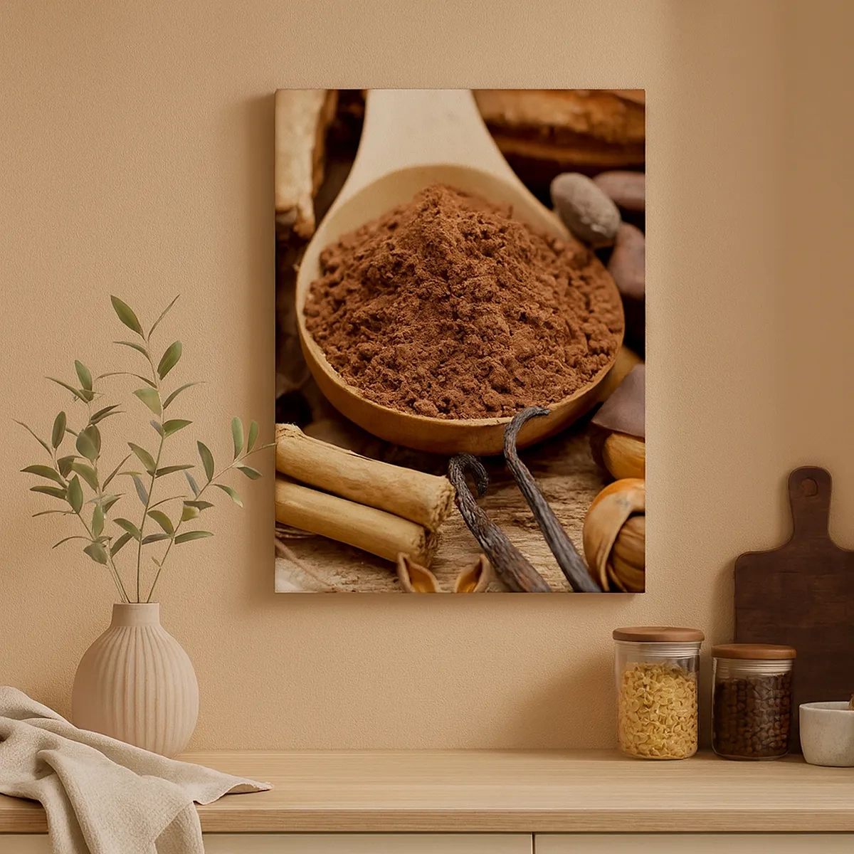 Cuadro sobre lienzo - Impresión de Imagen - Una cucharada de ingredientes de cacao y chocolate en un arreglo rústico. - 50x70cm - Lo mejor para las penas - Decoración de pared moderna para salón y dormitorio ARTTOR