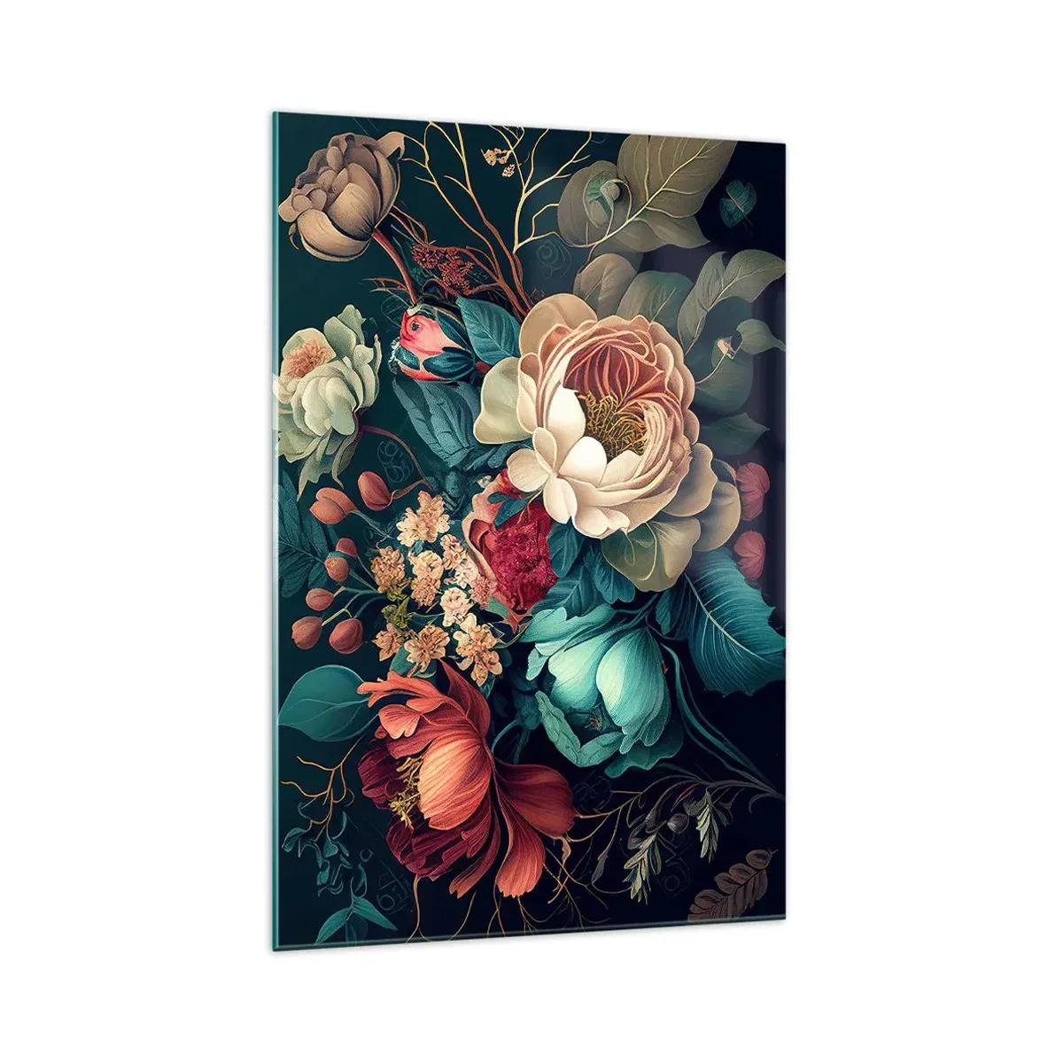 Cuadro sobre vidrio - Impresiones sobre Vidrio - Una composición colorida de flores sobre un fondo oscuro. - 70x100cm - Encanto del siglo XIX - Decoración de pared moderna para salón y dormitorio ARTTOR
