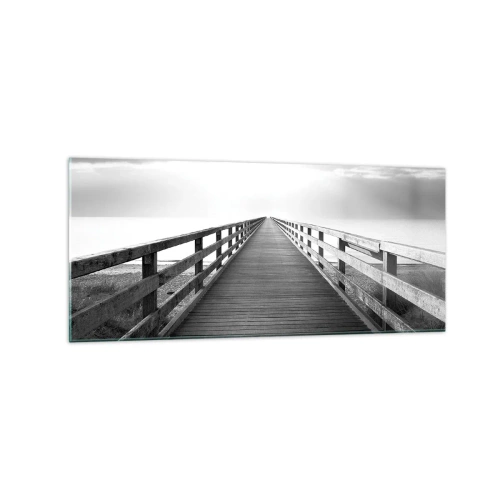 Cuadro sobre vidrio - Impresiones sobre Vidrio - Una imagen en blanco y negro de un embarcadero de madera que conduce hacia el horizonte. - 120x50cm - En la distancia... - Decoración de pared moderna para salón y dormitorio ARTTOR