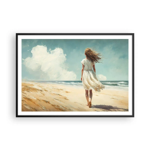 Póster en marco negro - Una mujer con un vestido blanco caminando por la playa en un día soleado. - 100x70cm - Al encuentro del sol y del viento - Decoración de pared moderna para salón y dormitorio ARTTOR