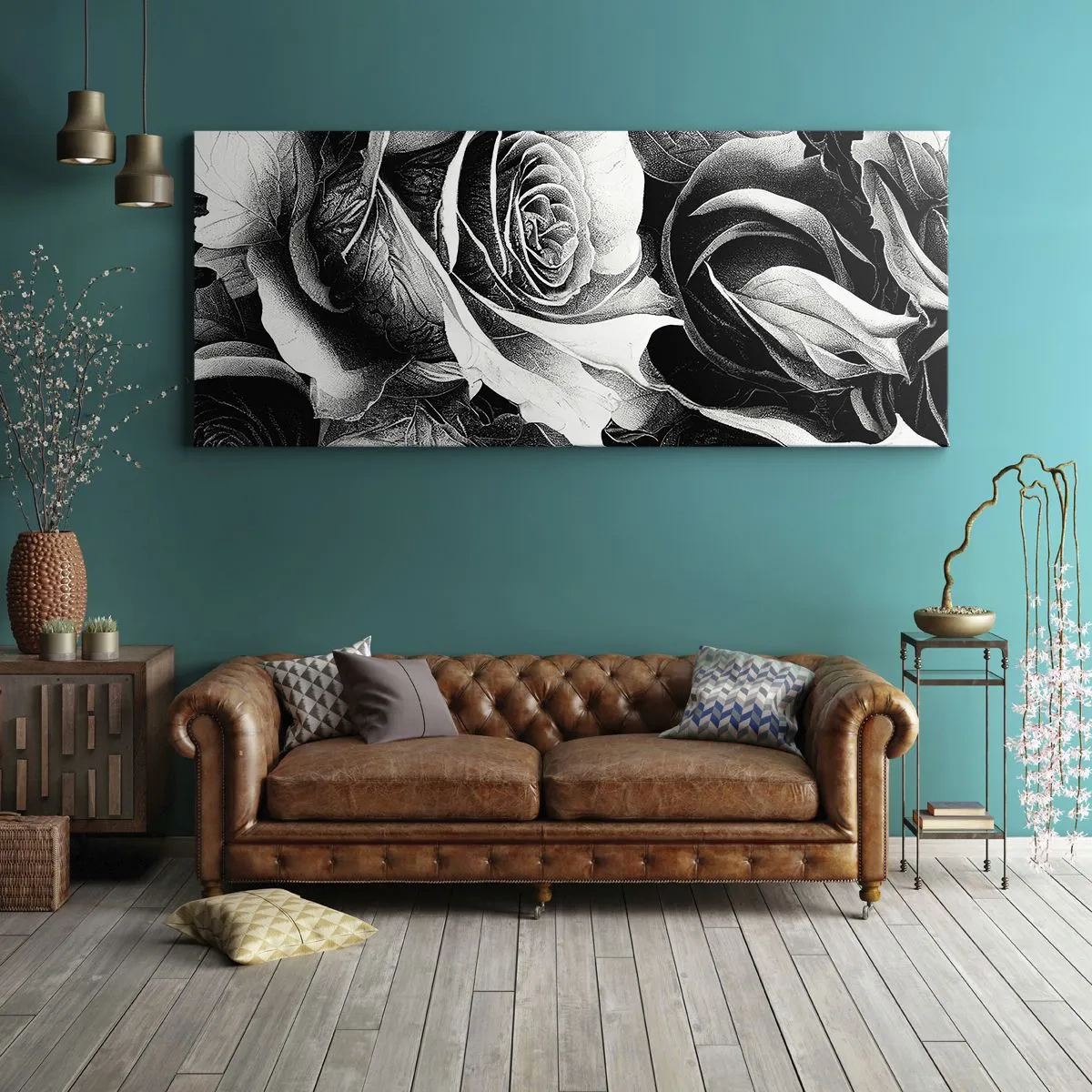 Cuadro sobre lienzo - Impresión de Imagen - Rosas blancas y negras en una elegante composición. - 140x50cm - Siempre como una reina - Decoración de pared moderna para salón y dormitorio ARTTOR