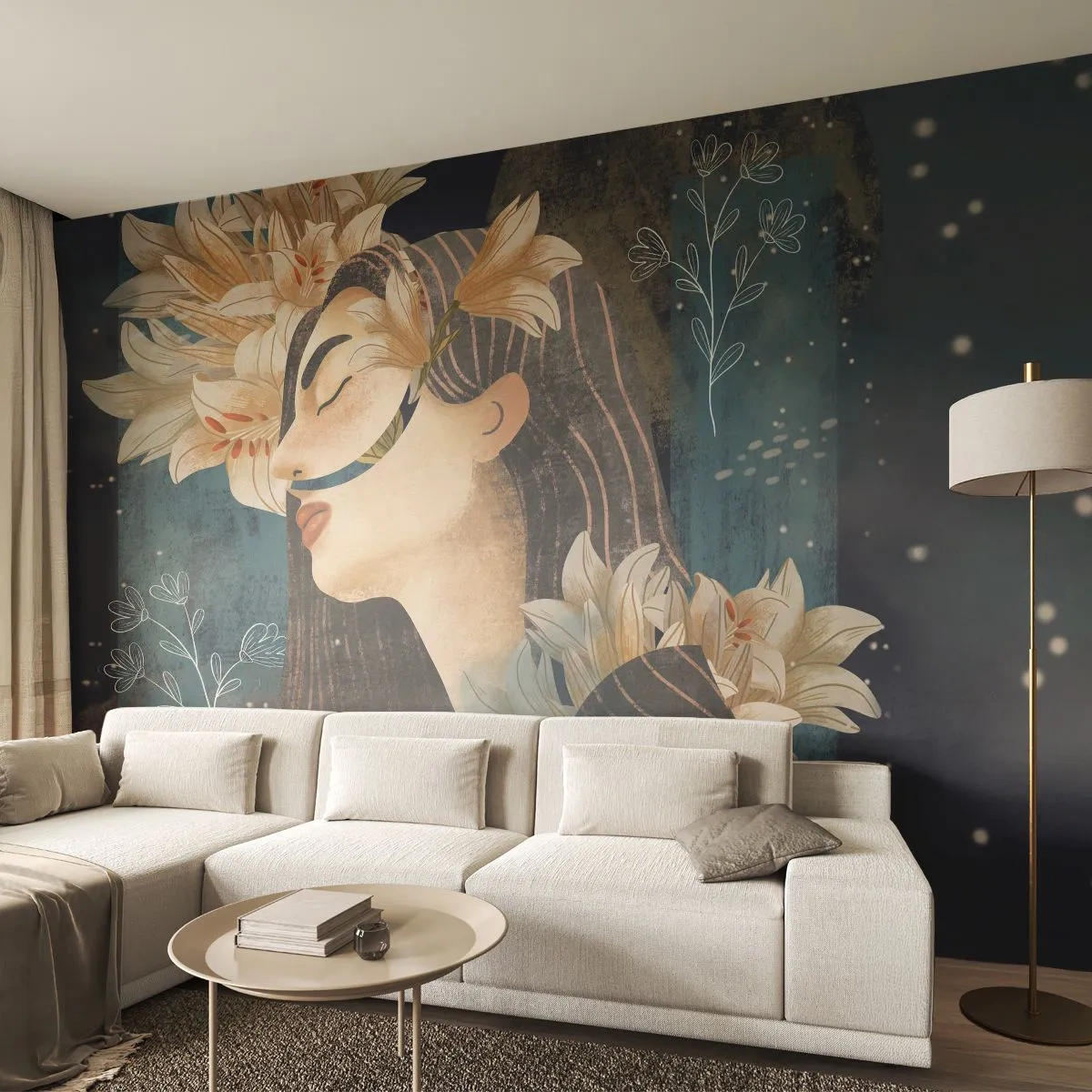 Fotomural Standard Eco - Ilustración artística de una mujer con flores en la cara. - 100x70cm - Cuento de princesa con lirios - Decoración de pared moderna para salón y dormitorio ARTTOR