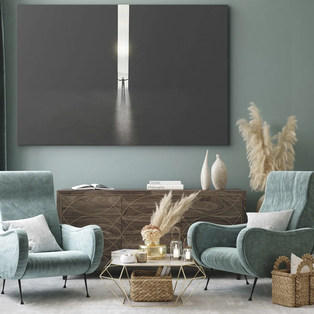 Cuadro sobre lienzo - Impresión de Imagen - Un hombre de pie a la luz de una estrecha rendija en un espacio oscuro. - 70x50cm - Un paso hacia un futuro brillante - Decoración de pared moderna para salón y dormitorio ARTTOR