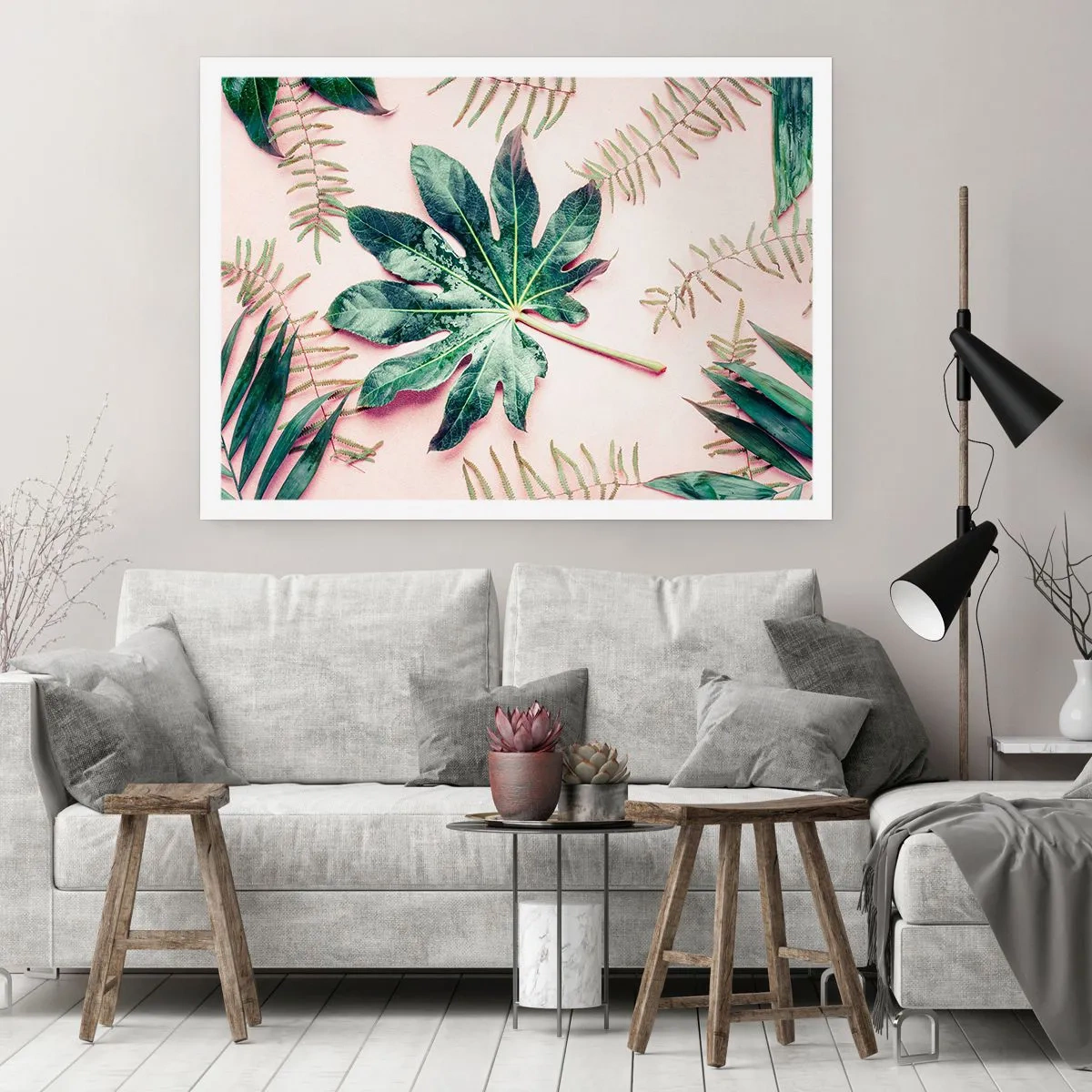 Póster - Hojas tropicales sobre un fondo pastel claro. - 100x70cm - Estudio de vegetación sobre fondo rosa - Decoración de pared moderna para salón y dormitorio ARTTOR