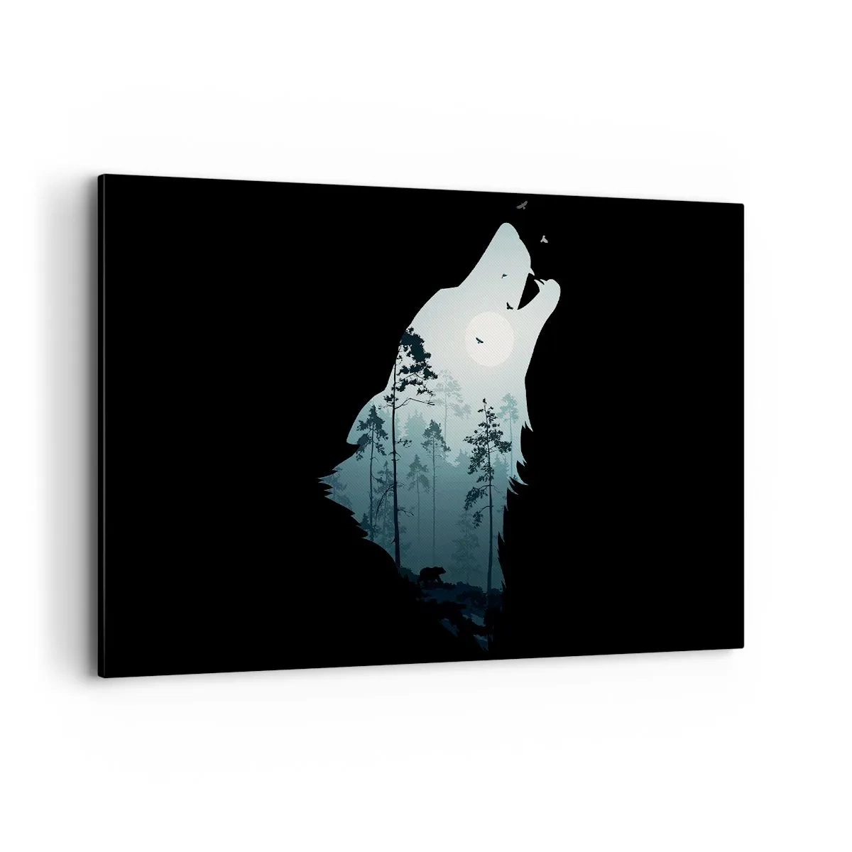 Cuadro sobre lienzo - Impresión de Imagen - Silueta de un lobo con un bosque y la luna al fondo - 120x80cm - Voz de la noche del bosque - Decoración de pared moderna para salón y dormitorio ARTTOR