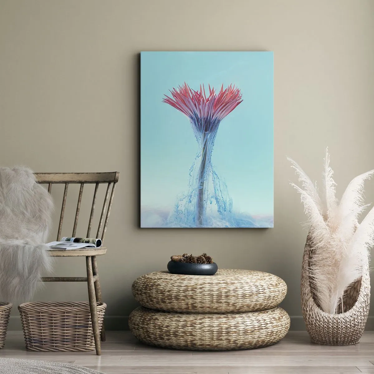 Cuadro sobre lienzo - Impresión de Imagen - Una flor rosa y azul en un arreglo artístico sobre un fondo pastel. - 80x120cm - En un abrazo vigorizante - Decoración de pared moderna para salón y dormitorio ARTTOR