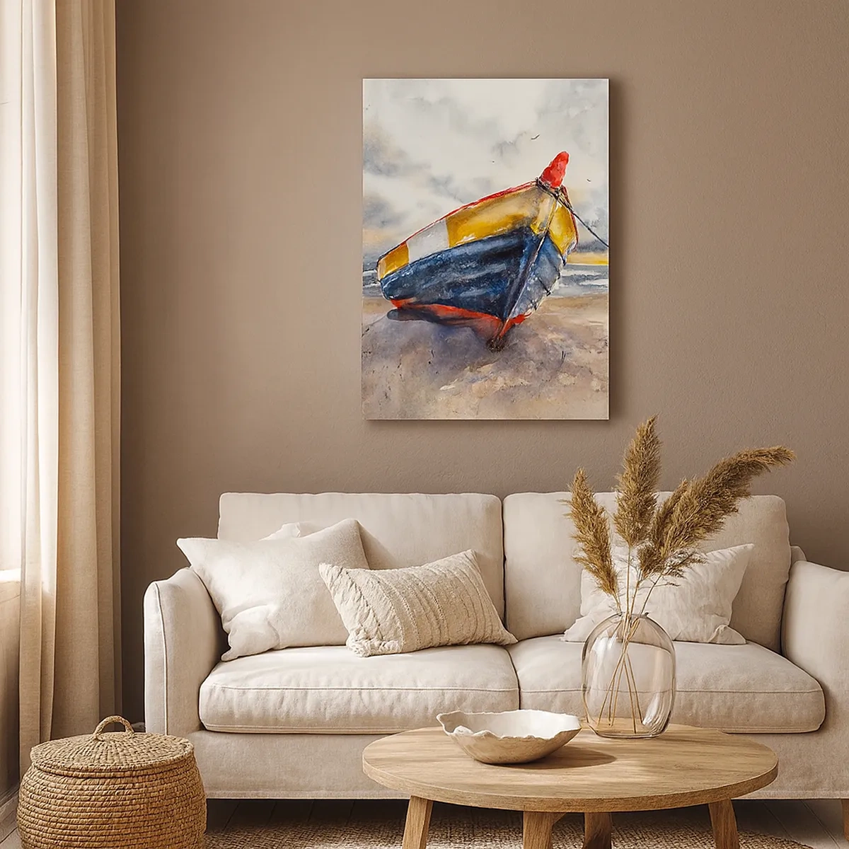 Cuadro sobre lienzo - Impresión de Imagen - Un pintoresco barco en la playa bajo un cielo nublado. - 50x70cm - Descansando en la orilla - Decoración de pared moderna para salón y dormitorio ARTTOR