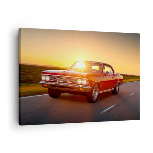 Cuadro sobre lienzo - Impresión de Imagen - Un coche rojo al atardecer en una carretera abierta. - 70x50cm - El deseo es rojo - Decoración de pared moderna para salón y dormitorio ARTTOR