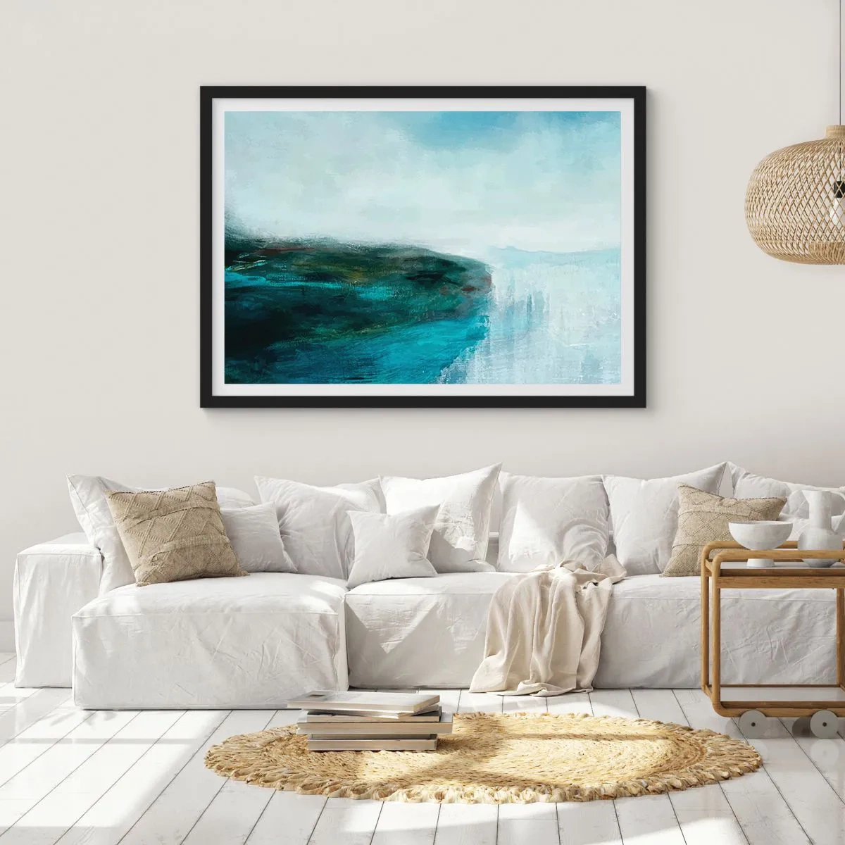 Póster en marco negro - Paisaje abstracto en tonos turquesa y gris. - 70x50cm - Abstracción marina - Decoración de pared moderna para salón y dormitorio ARTTOR