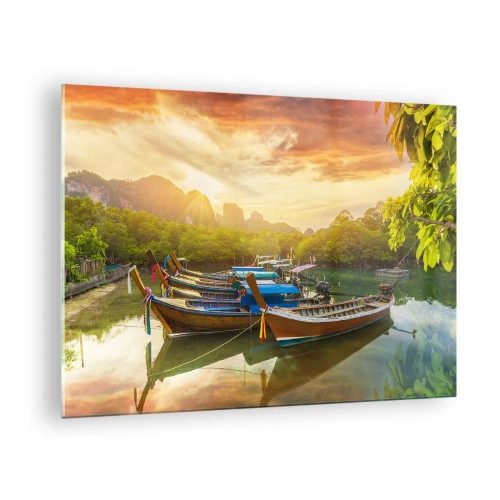 Cuadro sobre vidrio - Impresiones sobre Vidrio - Barcos tradicionales en un paisaje tropical al atardecer. - 70x50cm - Antes de un día ajetreado - Decoración de pared moderna para salón y dormitorio ARTTOR