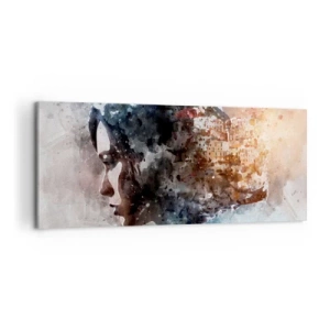 Cuadro sobre lienzo - Impresión de Imagen - Retrato de una mujer que combina su rostro con un paisaje urbano de fondo. - 120x50cm - Una historia sobre una niña con una ciudad de fondo - Decoración de pared moderna para salón y dormitorio ARTTOR