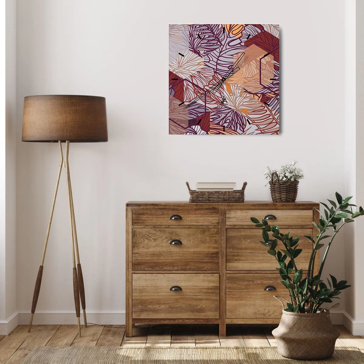 Reloj de pared - Reloj de vidrio - Un patrón decorativo de hojas tropicales en tonos morado, naranja y beige. - 30x30cm - La unión imposible de la geometría y la naturaleza - Decoración de pared moderna para salón y dormitorio ARTTOR