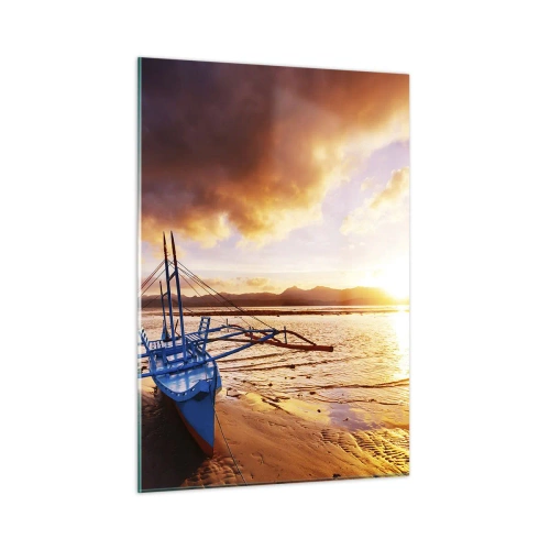 Cuadro sobre vidrio - Impresiones sobre Vidrio - Barco en la playa al atardecer con un cielo espectacular - 50x70cm - Después de un largo día, relájate en la arena - Decoración de pared moderna para salón y dormitorio ARTTOR