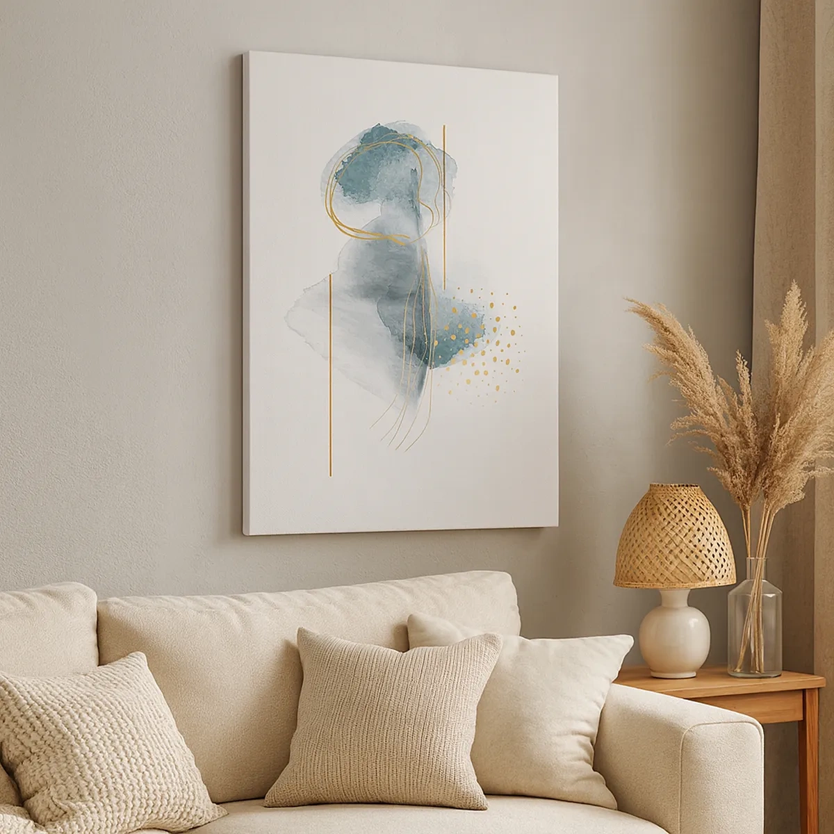 Cuadro sobre lienzo - Impresión de Imagen - Una composición abstracta en tonos turquesa y dorado. - 50x70cm - Sobre la relación entre el gris y el oro - Decoración de pared moderna para salón y dormitorio ARTTOR