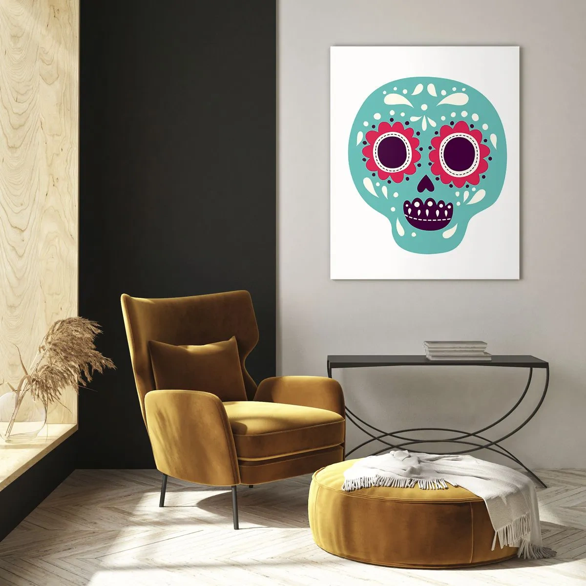 Cuadro sobre vidrio - Impresiones sobre Vidrio - Una calavera colorida decorada con patrones sobre un fondo claro. - 50x70cm - La vida: diversión hasta la muerte - Decoración de pared moderna para salón y dormitorio ARTTOR