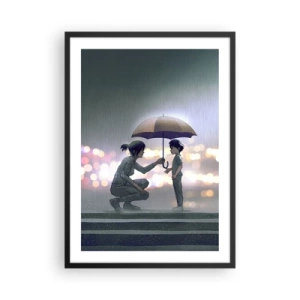 Póster en marco negro - Un adulto le entrega un paraguas a un niño ante un fondo lluvioso. - 50x70cm - Y todo está bien - Decoración de pared moderna para salón y dormitorio ARTTOR