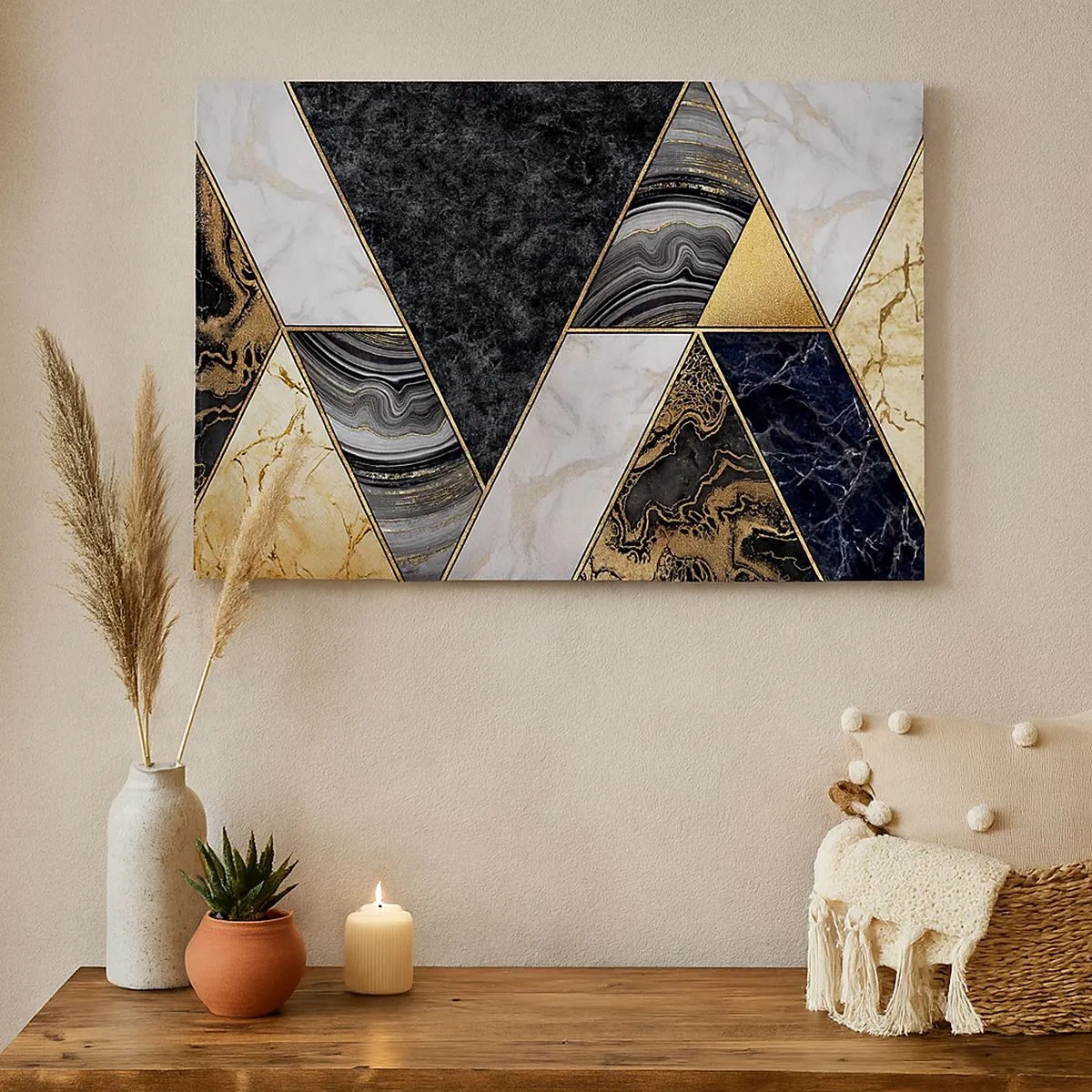 Cuadro sobre lienzo - Impresión de Imagen - Triángulos geométricos en dorado, mármol y tonos oscuros. - 70x50cm - Collage de piedras - Decoración de pared moderna para salón y dormitorio ARTTOR