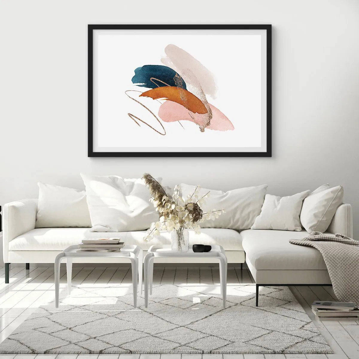 Póster en marco negro - Trazos abstractos en colores pastel con acentos dorados. - 70x50cm - Composición alada - Decoración de pared moderna para salón y dormitorio ARTTOR